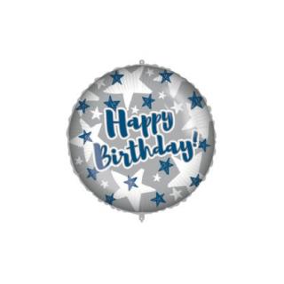 Fóliový balón - Hviezda Happy Birthday - sivo modrý 46 cm