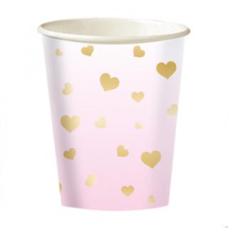 Papierové poháre - Ružové so zlatými srdiečkami 250 ml 8 ks