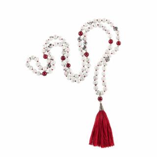 Bodhi Mala náhrdelník biely okenite/červený onyx s červeným strapcom, 108 korálok