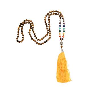 Bodhi Mala náhrdelník Chakra Tigrie oko so žltým strapcom, 108 korálok