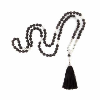Bodhi Mala náhrdelník Lava Stone/Okenite s čiernym strapcom, 108 korálok