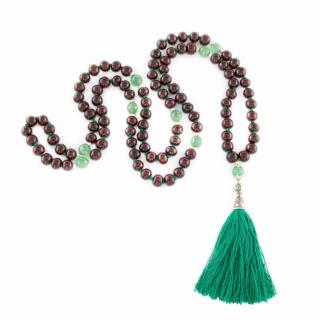 Bodhi Mala náhrdelník Rosewood/Onyx so zeleným strapcom, 108 korálok