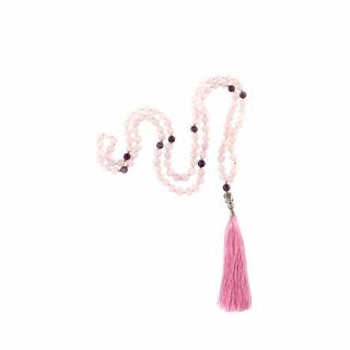 Bodhi Mala náhrdelník Ruženín/ametyst s ružovým strapcom, 108 korálok