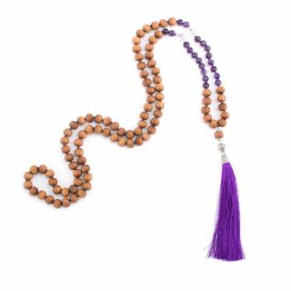 Bodhi Mala náhrdelník s vôňou santalového dreva/Ametyst s fialovým strapcom, 108 korálok