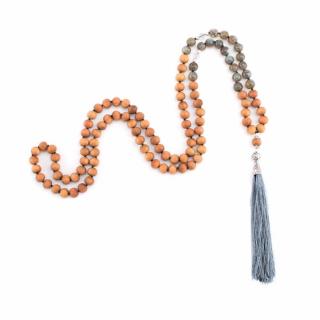Bodhi Mala náhrdelník s vôňou santalového dreva/Labradorite/Rock Crystal so šedým strapcom, 108 korálok