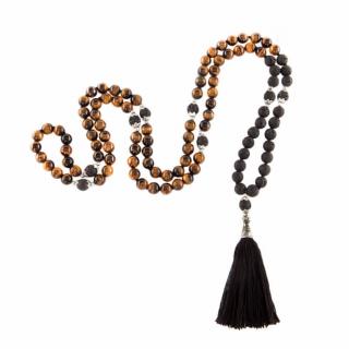 Bodhi Mala náhrdelník Tigrie oko/láva s čiernym strapcom, 108 korálok