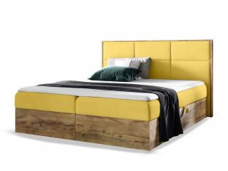 Čalúnená boxspring manželská posteľ WOOD 2 s úložným priestorom - žltá Kronos Rozmer: 140x200