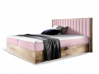 Čalúnená boxspring manželská posteľ WOOD 4 s úložným priestorom - ružová Kronos Rozmer: 180x200