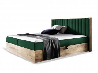 Čalúnená boxspring manželská posteľ WOOD 4 s úložným priestorom - zelená Kronos Rozmer: 140x200