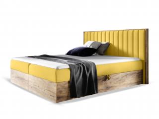 Čalúnená boxspring manželská posteľ WOOD 4 s úložným priestorom - žltá Kronos Rozmer: 140x200