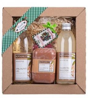 BOTANICO Darčeková sada MANDLE šampón/balzam 200 ml, sprchový gél 200 ml, glycerínové mydlo 200 g, František vonná zmes s lístkami 4 ks