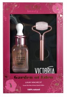 Victoria beauty Luxusný omladzovací set Garden of Eden Rose Quartz Roller Masážny valček na tvár + protivráskové sérum 30 ml 2 ks