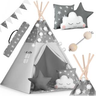 Detský stan teepee s girlandou a svetlami Nukido - sivý s hviezdičkami