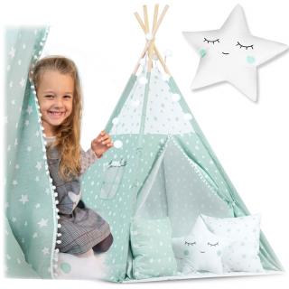 Detský Teepee stan so svetlom - mentolový s hviezdičkami