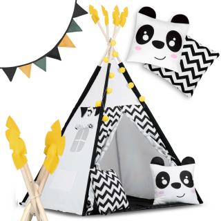 Teepee stan pre deti s girlandou a svetlami Nukido, čiernobiely s pandou