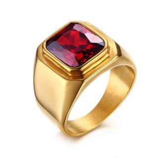 Masívny prsteň z chirurgickej ocele zlaté prevedenie červený štvorcový zirkón Veľkosť prsteňa: 59