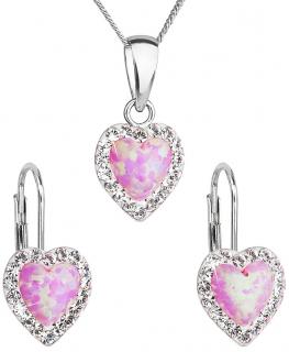 Súprava šperkov so synt. opálom a Swarovski crystals, náušnice a prívesok, ružové srdce  Ag 925/1000 Rh (2g)