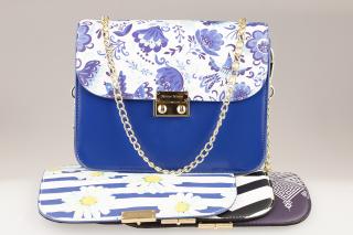 Dámska modrá kabelka + 1 vymeniteľný flap Flap gold 1: Biely, Flap gold 2: Oliwia (modro-cierno-hnedo-bielo pásikový)