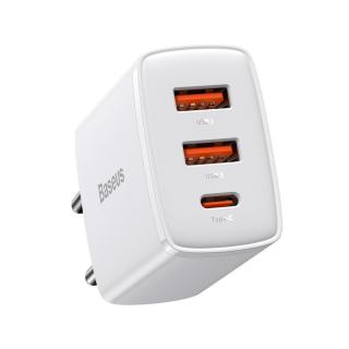 Baseus rýchlonabíjací adaptér 2xUSB, USB-C, PD, 3A, 30W, biely