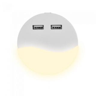 LED Nočné svetielko 0.4W (10lm), 2xUSB, okrúhle Teplá biela