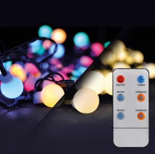 Solight LED 2v1 vonkajšia vianočná reťaz, gule, diaľkový ovládač, 200LED, RGB+W 20m+5m, 8 funkcií, IP44 [1V09-RGB]
