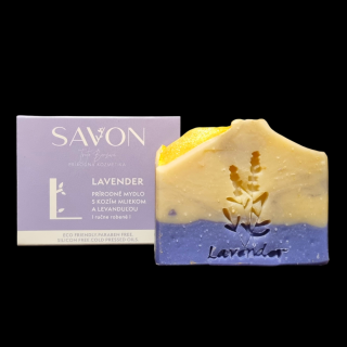 Prírodné mydlo s kozím mliekom a levanduľou - SAVON - LAVENDER 100 g Obal: Eko papierová krabička