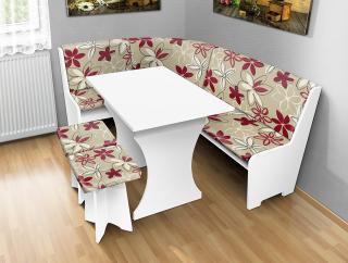 Jedálenská rohová lavica sa štokrlemi a stolom farba lamina: biela 113, farba čalouněnie: Mega 017 bordo