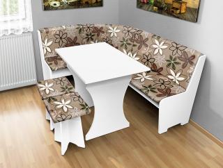 Jedálenská rohová lavica sa štokrlemi a stolom farba lamina: biela 113, farba čalouněnie: Mega 017 hnedá