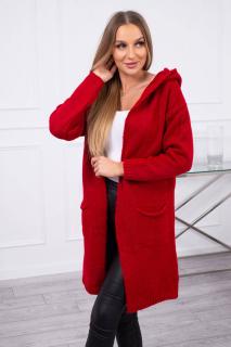 Dámsky sveter dlhý s kapucňou a vreckami Farba: Červená
