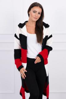 Dámsky sveter dlhý trojfarebný UNI pruhy: čierna-krémová-červená
