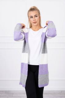 Dámsky sveter dlhý trojfarebný UNI pruhy: sivá-krémová-fialová