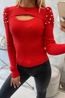 Dámsky sveter s ozdobnými perlami UNI 1: UNI Červená