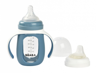 Dojčenská fľaša sklenená 2v1 210ml so silikónovou ochranou - Blue | BÉABA