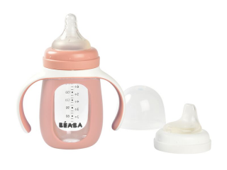Dojčenská fľaša sklenená 2v1 210ml so silikónovou ochranou - Pink | BÉABA