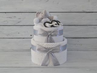Dvojposchodová čiernobielá plienková torta se sloníkom a chrastítkom Farba plienkovej torty: Biela deka, slon, reťaz tvarov - náplň pre chlapčeka,…