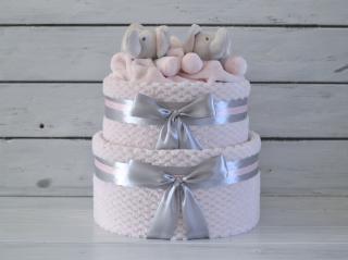 Dvojposchodová plienková torta pre dvojčatá ozdobená sloníkmi Farba plienkovej torty: Ružová deka – náplň pre dievčatká, Vel'kosť: Bábätko sa ešte…