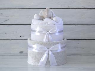 Dvojposchodová plienková torta VI. so sivou dekou a sloníkom Farba plienkovej torty: Biela stuha a náplň pre chlapčeka, Vel'kosť: Bábätko sa čerstvo…