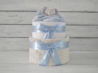 Dvojposchodová plienková torta VI. so sivou dekou a sloníkom Farba plienkovej torty: Modrá stuha a náplň pre chlapčeka, Vel'kosť: Bábätko sa čerstvo…