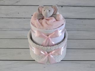 Dvojposchodová plienková torta VI. so sivou dekou a sloníkom Farba plienkovej torty: Ružova stuha a náplň pre dievčatko, Vel'kosť: Bábätko sa čerstvo…