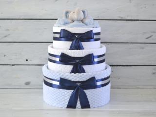 Trojposchodová plienková torta II. Farba plienkovej torty: Modrá deka, tmavo modrá stuha, Vel'kosť: Bábätko sa narodilo a má asi mesiac