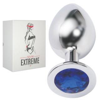 STRIEBORNÝ BUTTPLUG S MODRÝM KRIŠTALOM - VEĽKÝ