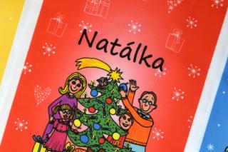Mikulášske a Vianočné vrecká/pytlíky s menom (ilustrovaná kolekcia) - bavlnený panel Farba: Červený Vianočný s menom