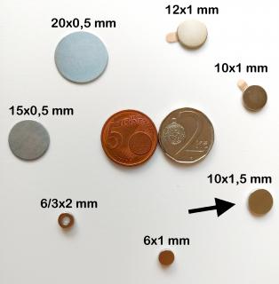 Neodymové magnety a kovové pliešky Typ: Kotúč 10x1,5mm, sila 850g