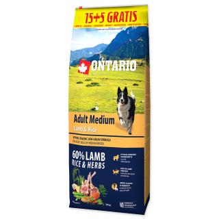 ONTARIO Dog Adult Medium Lamb & Rice 15kg + 5kg ZADARMO