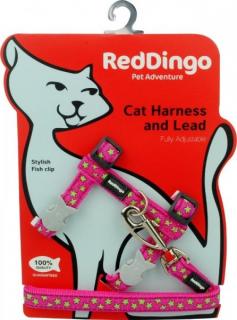 Red Dingo postroj pre mačky - Stars Lime on Hot Pink