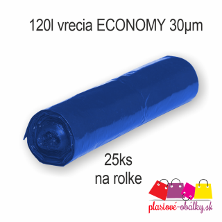 Vrecia na odpad rolo 120l 70x110 cm 30µm 25ks ECONOMY Farba: Modrá, Hrúbka materiálu: 30µm, Objem: 120l