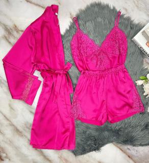 Saténový pyžamový trojkomplet - pink veľkosť: univerzálna