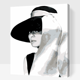 Maľovanie podľa čísiel - Audrey Hepburn v klobúku Veľkosť: 40x50cm, Rám: S vnútorným rámom