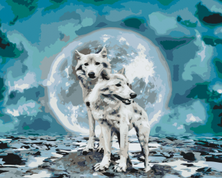 Maľovanie podľa čísiel - Bieli vlci za úplnku Veľkosť: 60x80cm, Rám: Bez rámu, iba plátno