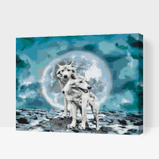 Maľovanie podľa čísiel - Bieli vlci za úplnku Veľkosť: 80x100cm, Rám: S vnútorným rámom